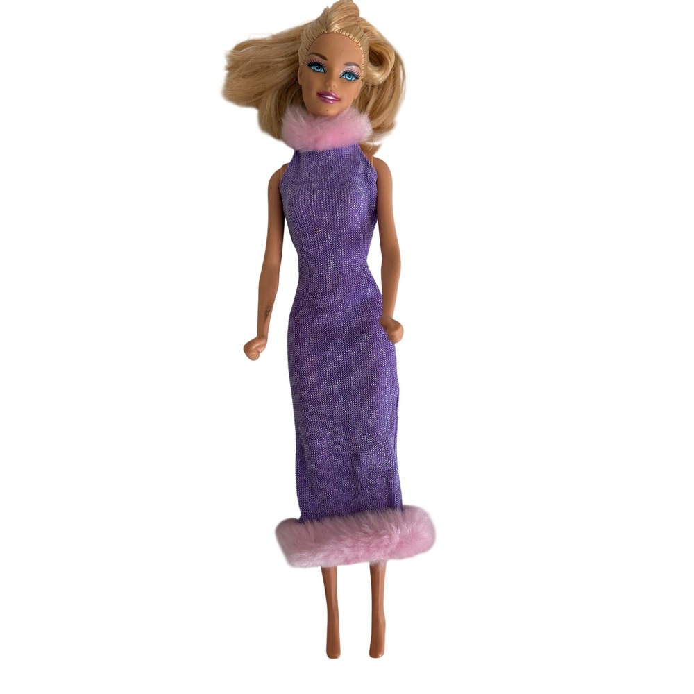 Mattel Barbie Doll 2009 Body Purple Shimmer Dress Pink Faux Fur Trim Blonde Blue